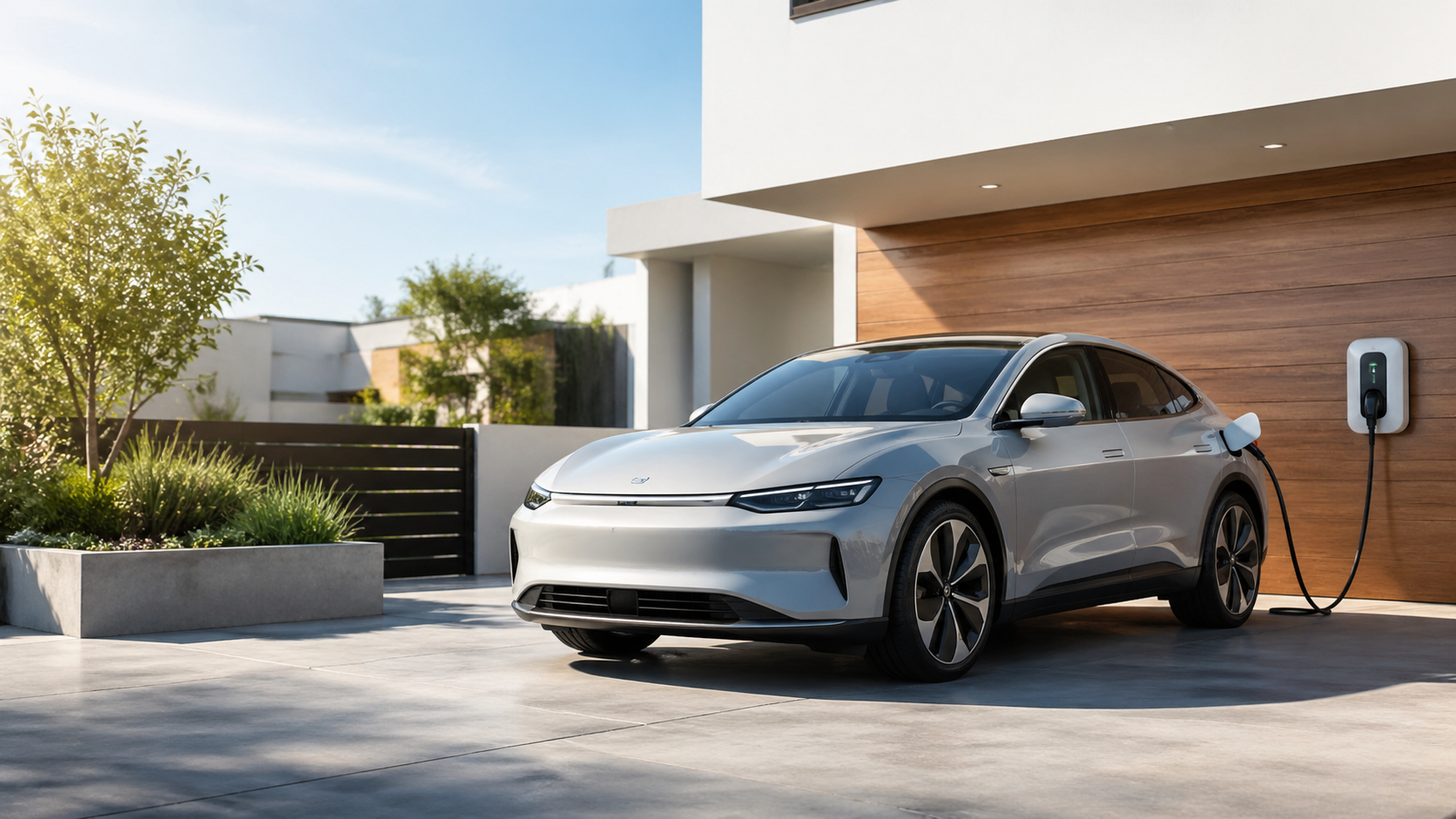 Carro el&eacute;ctrico a carregar junto a uma casa moderna